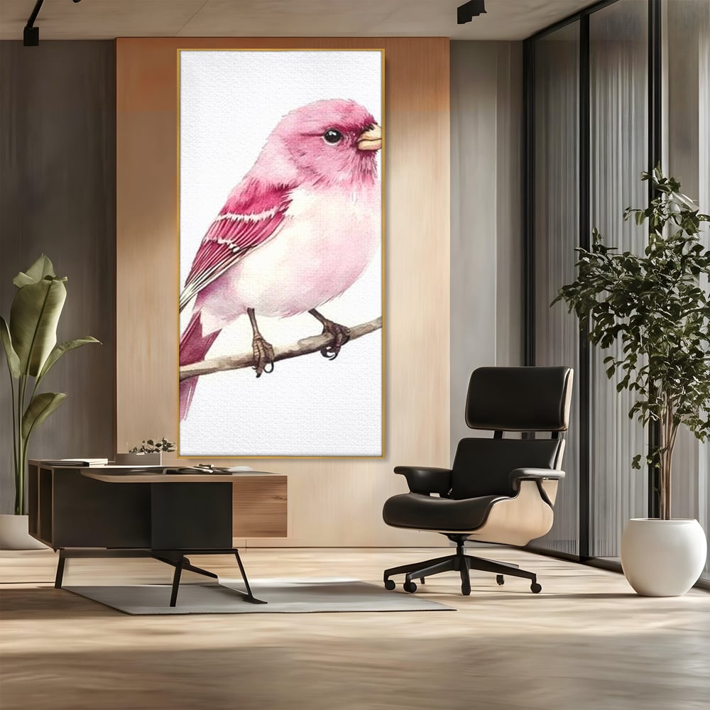 Tablou canvas cu tablou canvas cu pasare roz pe creanga, in rama de aluminiu auriu, pe perete intr-un birou